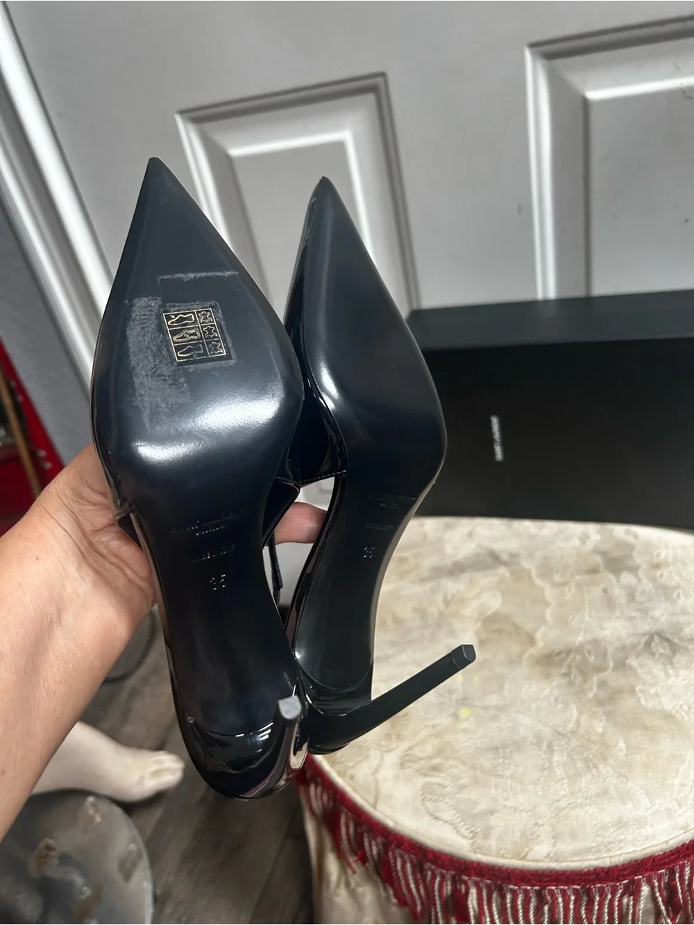 Saint Laurent Black Patent Pointed Slingback Pumps - Picture 8 of 11